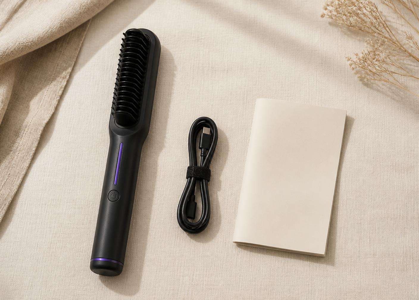 The Rushbrush brush with its USB charging cable and user guide