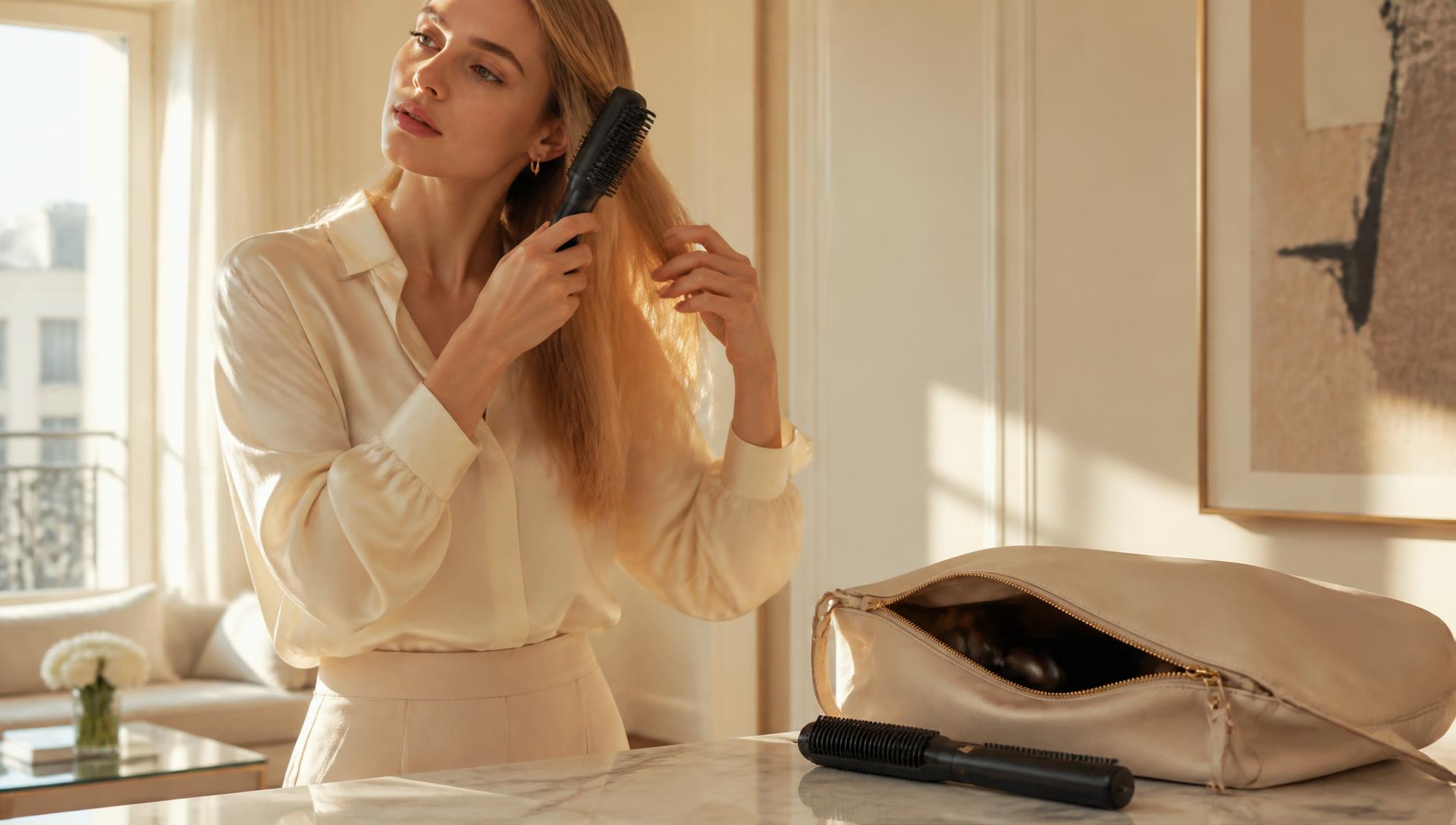 Woman looking polished and ready after a quick styling touch-up