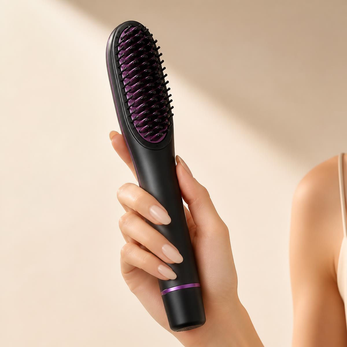 The Rushbrush brush held in hand, showing its slim size
